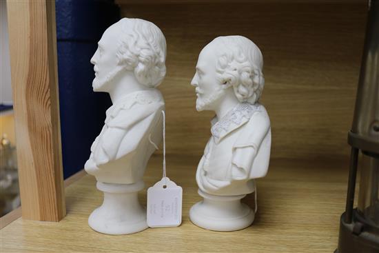 A Copeland Parian ware bust of William Shakespeare (lace collar a.f.), H 20cm and another similar bust